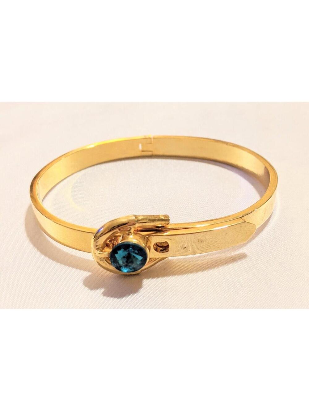 VTG 80s Hinged Bangle Bracelet Blue-Green Crystal Buckle Adjustable Gold Tone